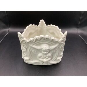 Vintage Ornate Cherub‎ Planter/ Vase-3 Sides-5" x 4.5" Tall White Ceramic